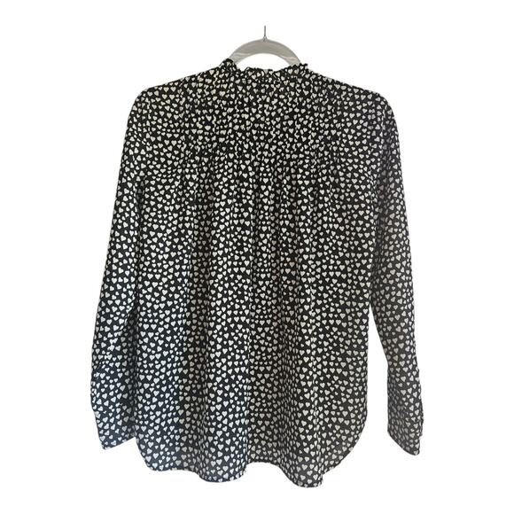 J. CREW Mercantile Womens Sz 2 Heart Print Pintuck Popover Black White Ruffles - Picture 2 of 9